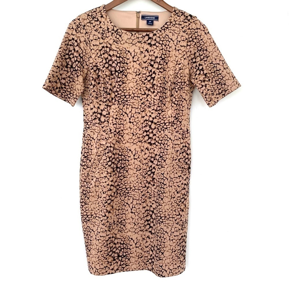 Land’s End jersey knit dress with crew neckline and short sleeves, mini length